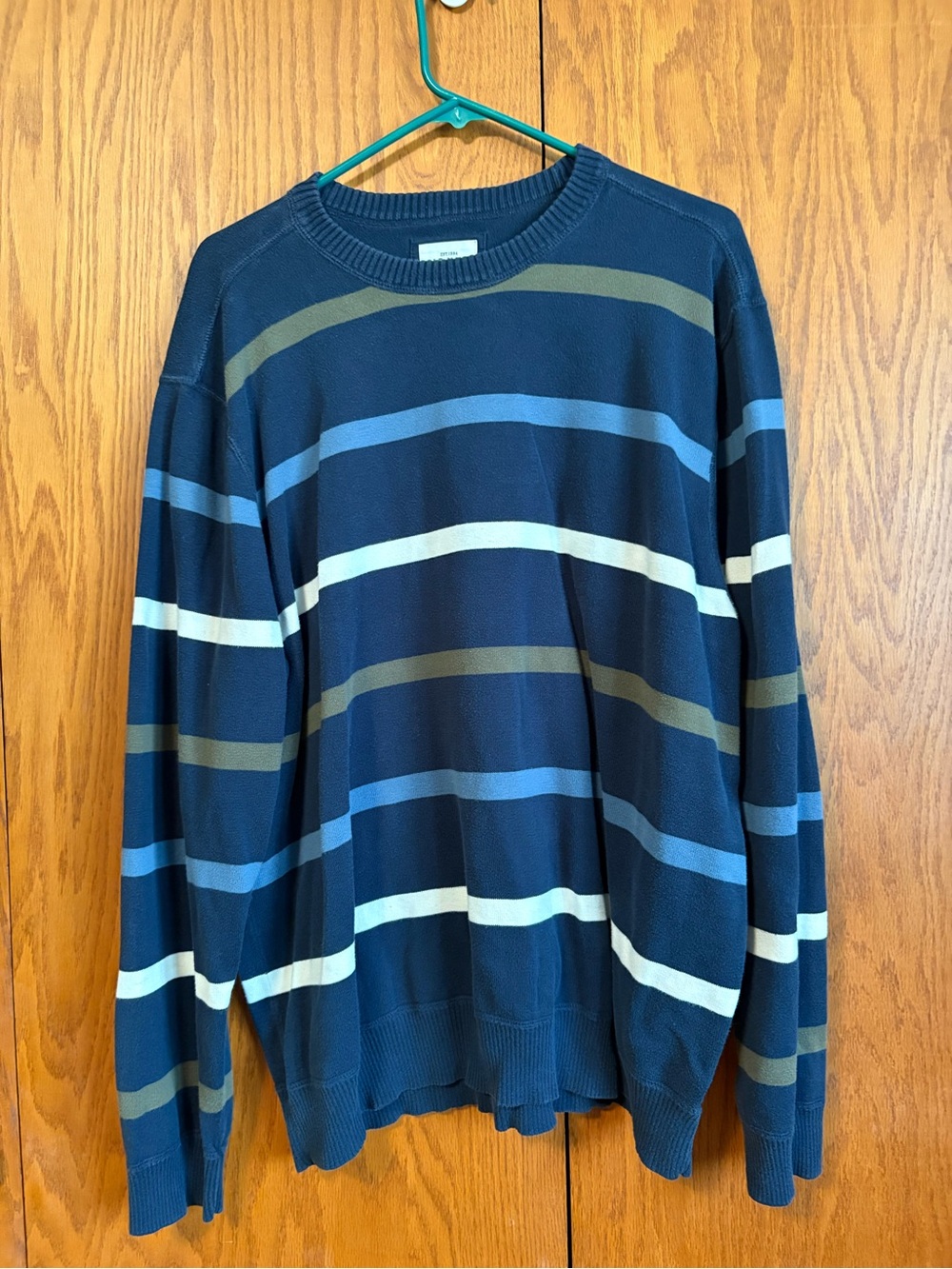 Old Navy Men's Navy Crewneck Sweater with Blue, White, and Olive Stripes